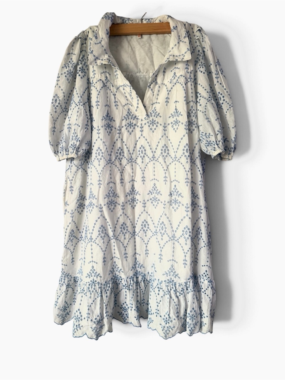 Jude Connally Embroidered Eyelet Dress EUC Sz L balloon short sleeves pockets